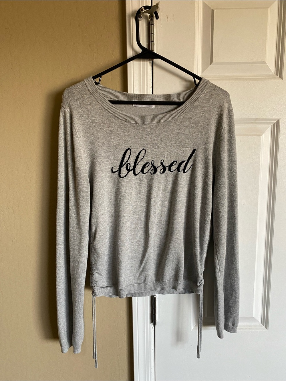 Society Gray "Blessed" Crewneck Sweatshirt with Side Ties